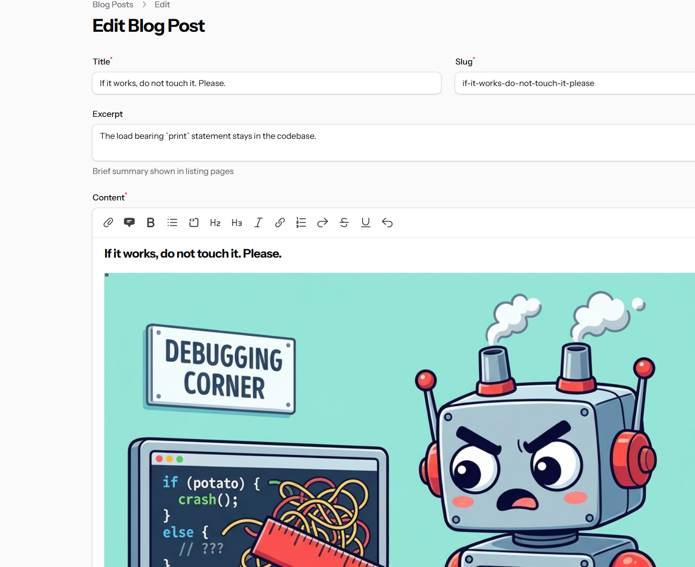 Blog editor with long-form content and media support