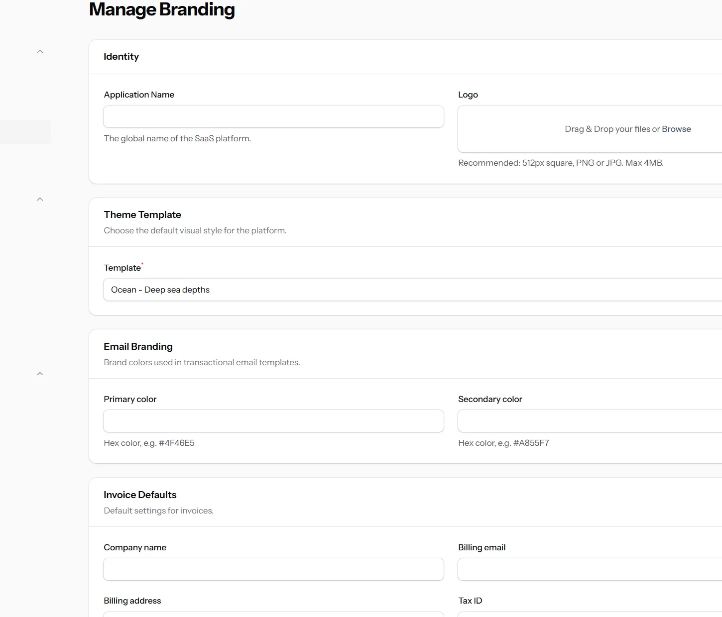 Brand management settings with template and identity controls