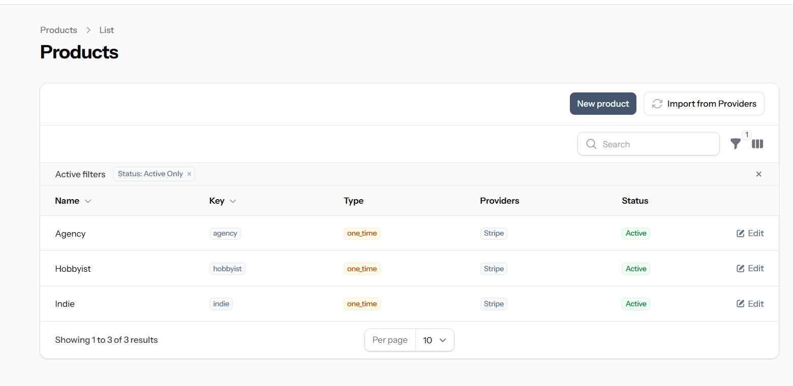 Filament product operations table with filters and status badges