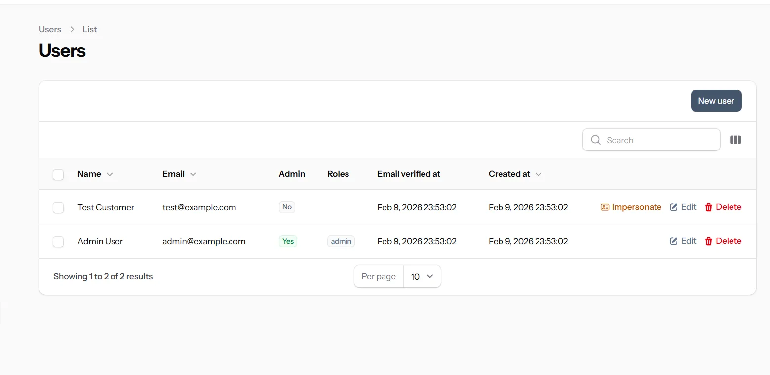 Admin users table with role tags and actions