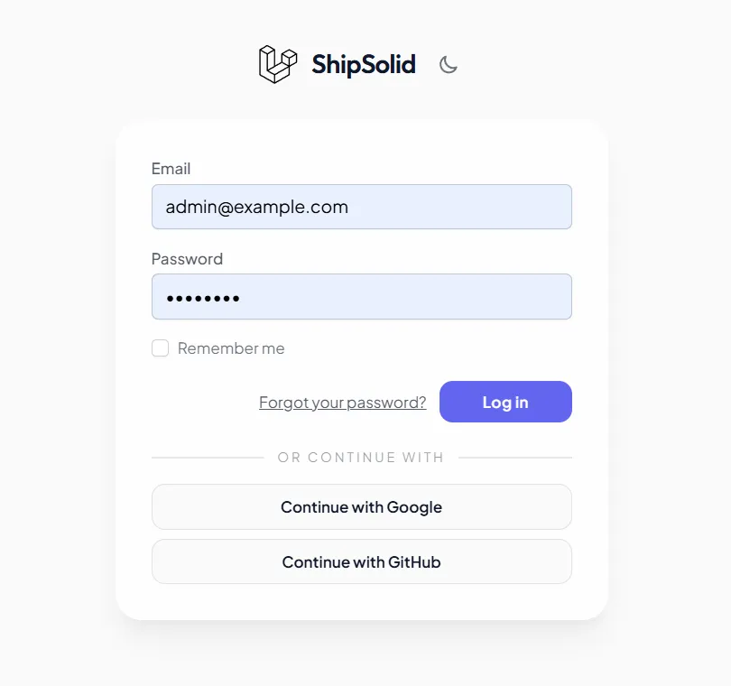Login screen with email, password, and social sign-in options