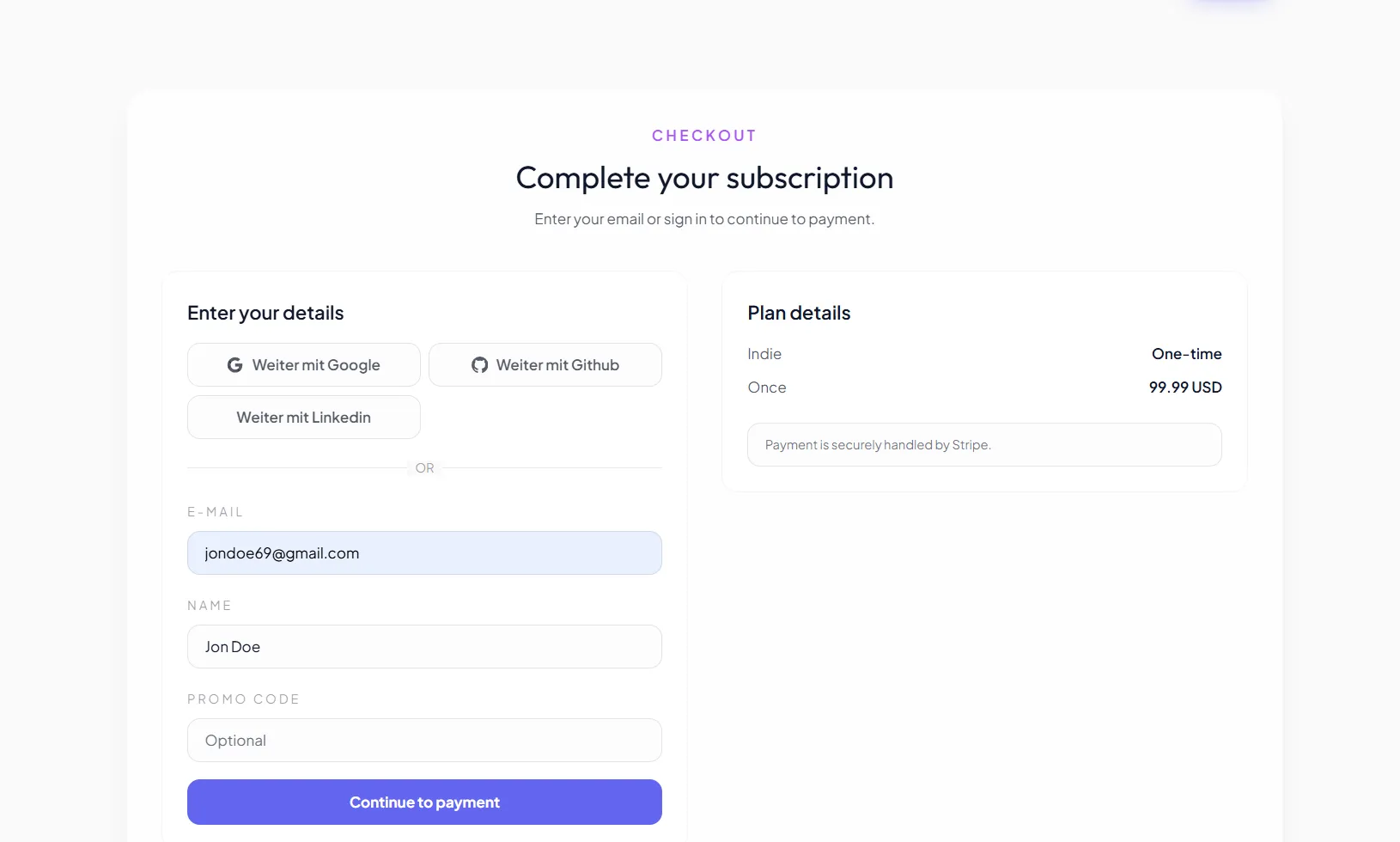 Checkout form with customer details and continue to payment action