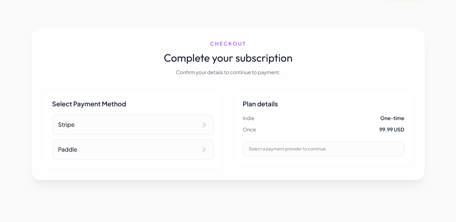 Checkout flow with Stripe and Paddle provider options and plan details