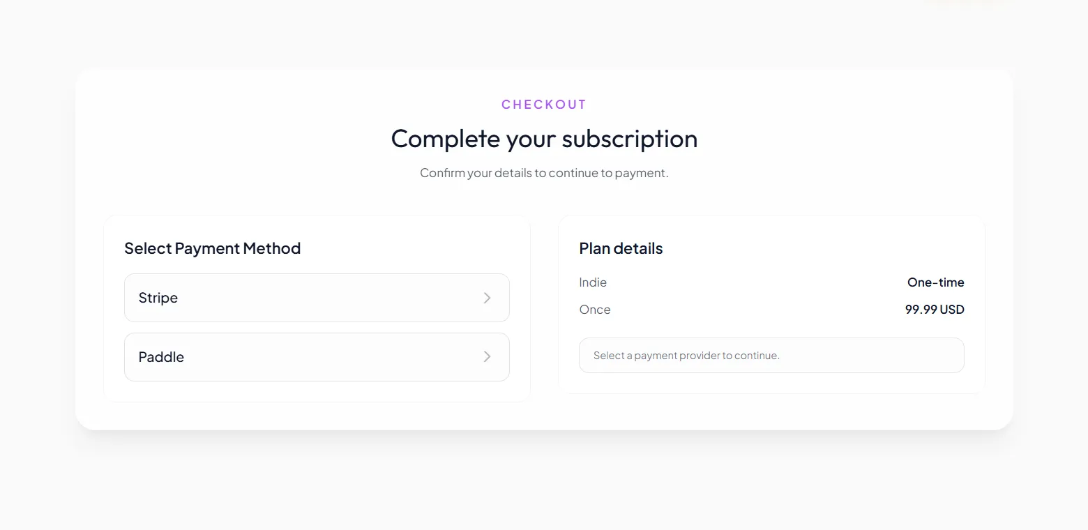 Checkout screen showing Stripe and Paddle provider options